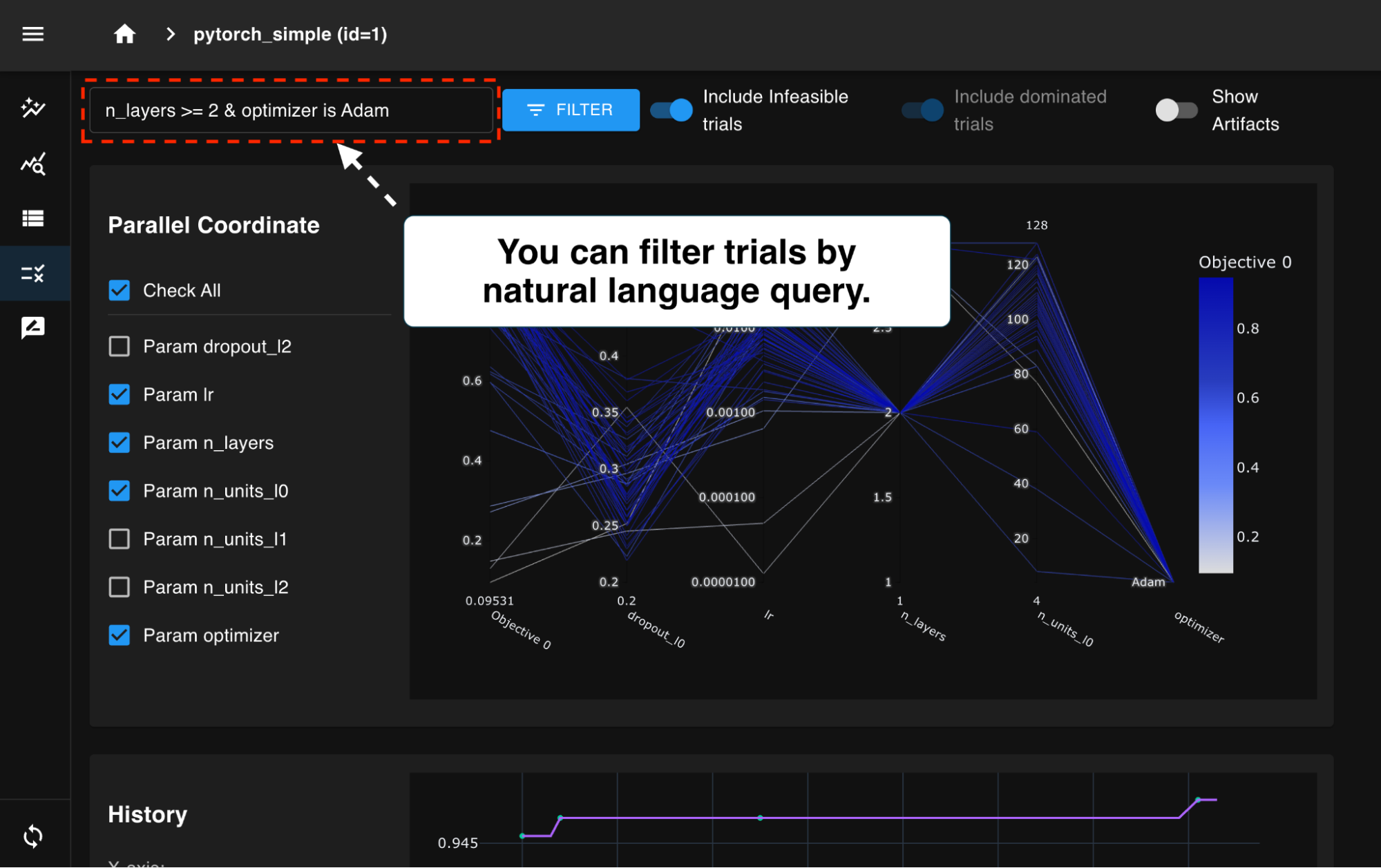 図1: 自然言語によるTrial絞り込み機能 (この例では、レイヤー数が2以上かつオプティマイザーとしてAdamが選択されたTrialのみを可視化)
